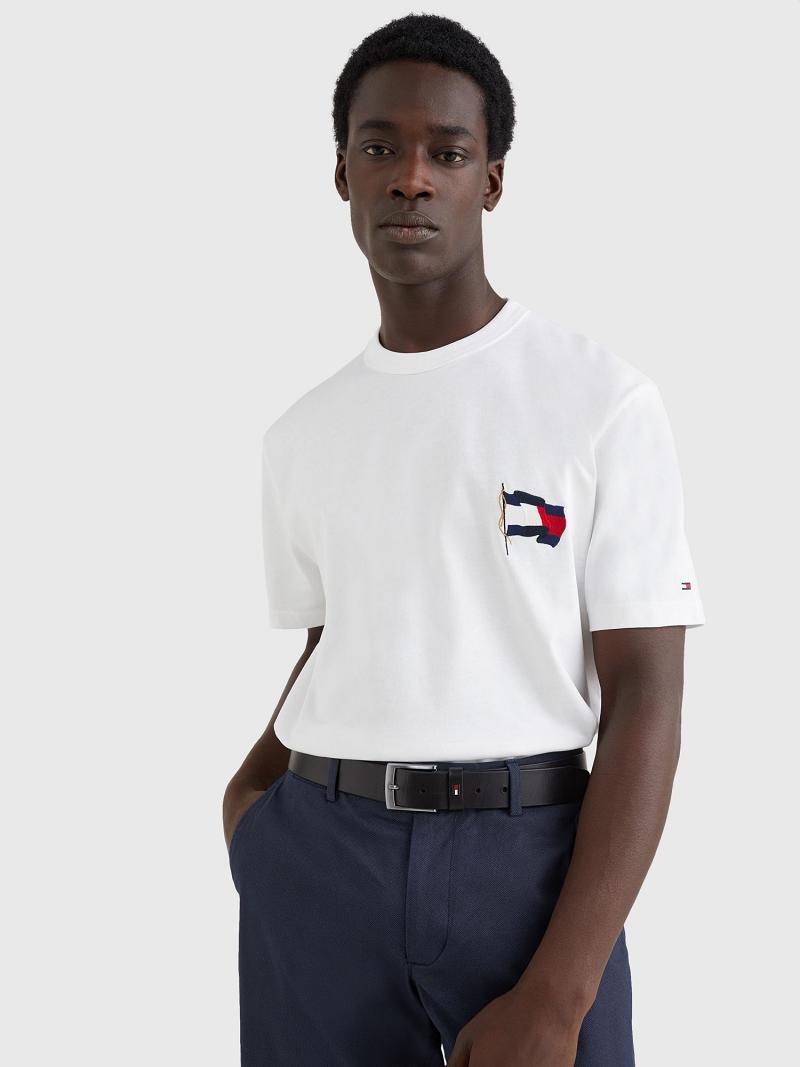 Férfi Tommy Hilfiger Wavy Flag Póló Fehér | HU 876XYU